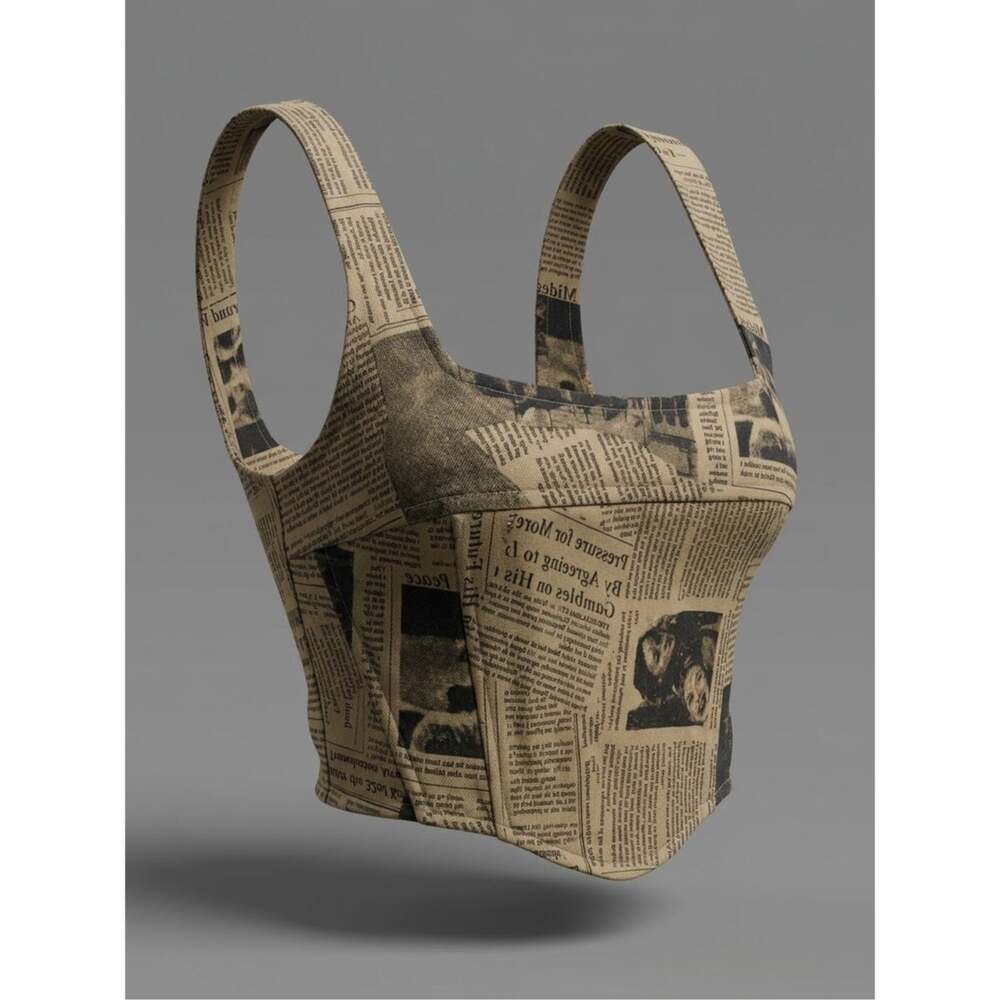 Et Clet Newsprint Square-Neck Corset Crop Tank L Urban Y2K Steampunk Rocker Punk